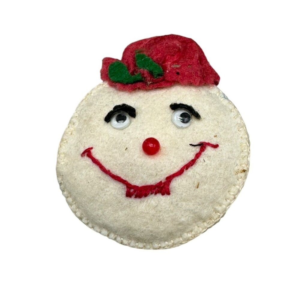 handmade snowman head circle holly white red felt google eyes 3x3.5" READ
